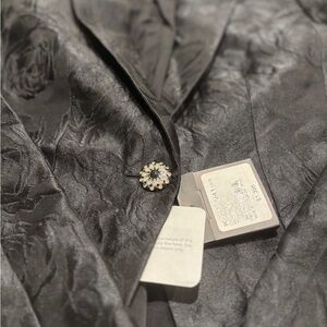 St. John Black Floral-Textured Blazer with Jeweled Button